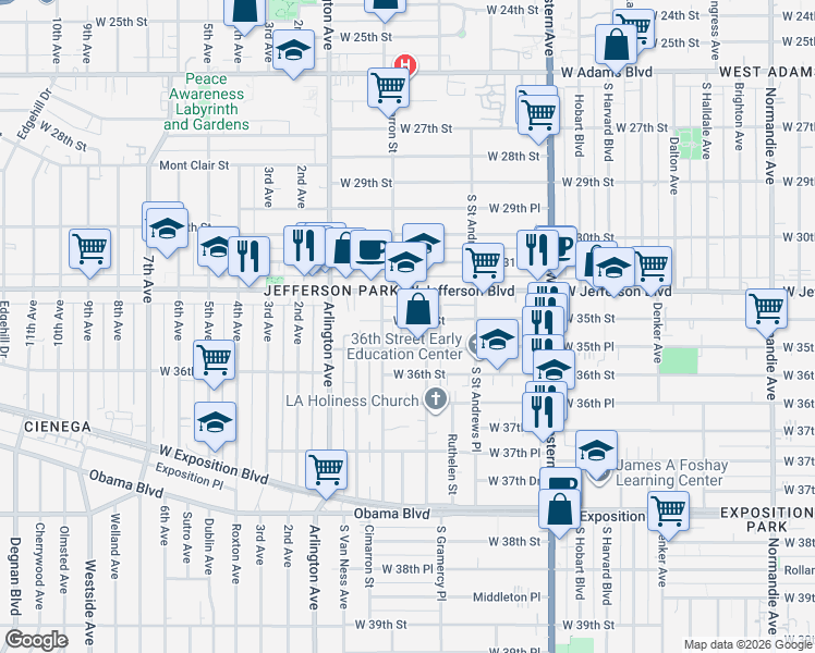 map of restaurants, bars, coffee shops, grocery stores, and more near 1918 West 35th Street in Los Angeles
