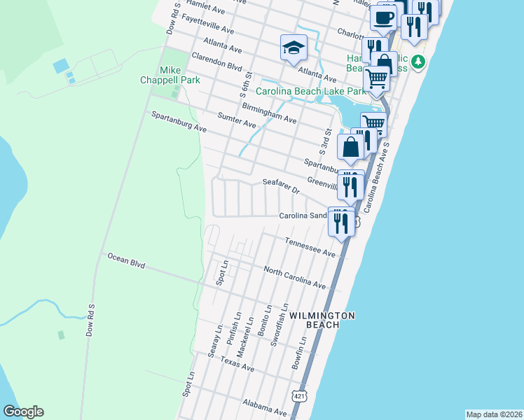 map of restaurants, bars, coffee shops, grocery stores, and more near 918 Salt Water Lane in Carolina Beach