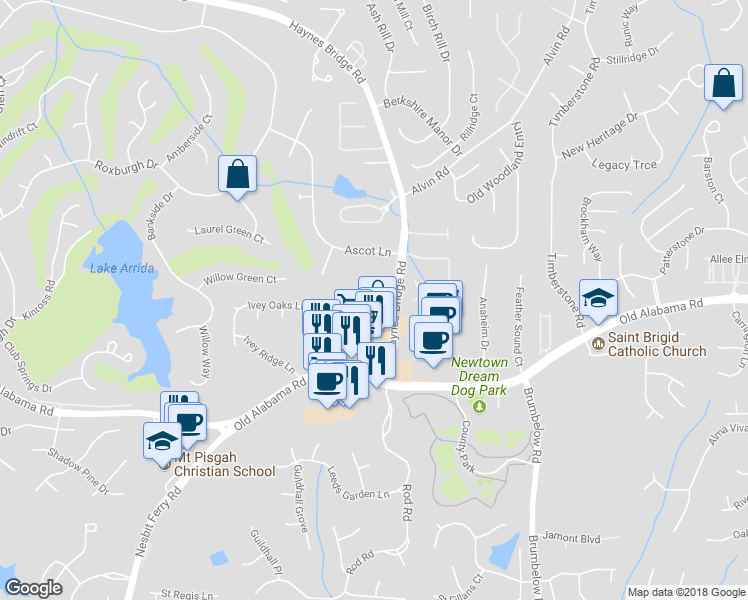 map of restaurants, bars, coffee shops, grocery stores, and more near 103 Magnolia Grove in Alpharetta