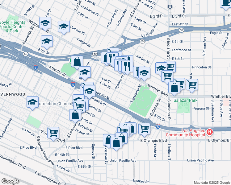 map of restaurants, bars, coffee shops, grocery stores, and more near 3476 East 7th Street in Los Angeles