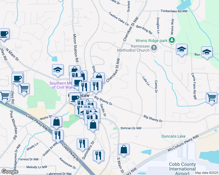 map of restaurants, bars, coffee shops, grocery stores, and more near 2887 Boone Drive in Kennesaw
