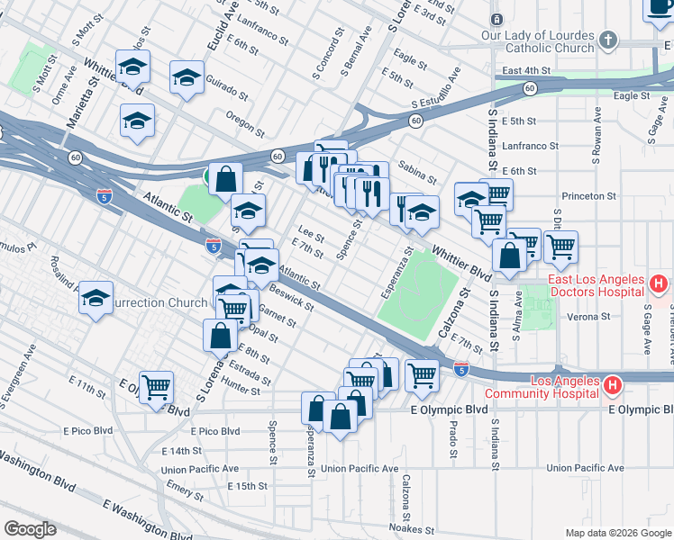 map of restaurants, bars, coffee shops, grocery stores, and more near 1008 Spence Street in Los Angeles