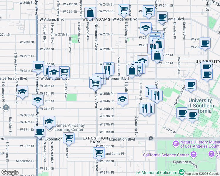 map of restaurants, bars, coffee shops, grocery stores, and more near 1352 West 35th Street in Los Angeles
