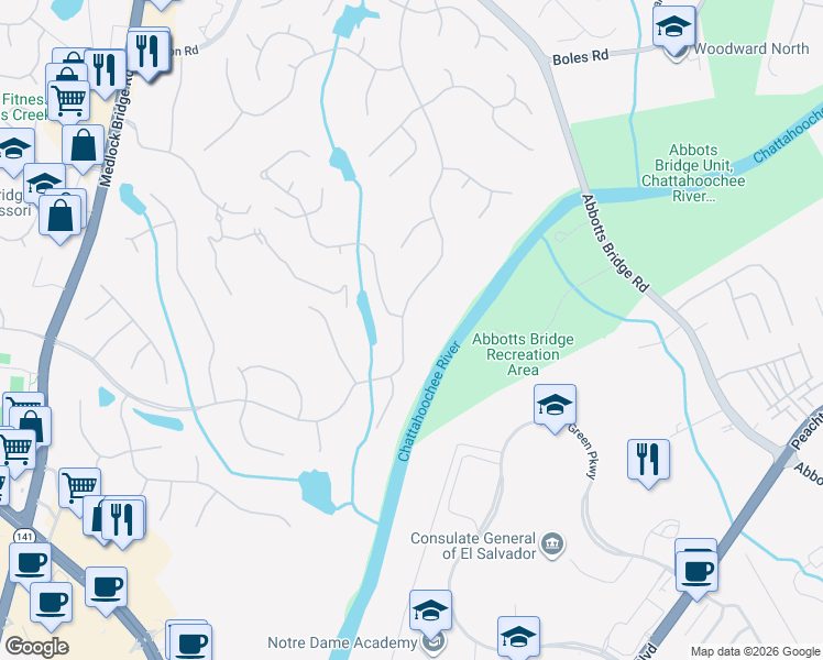 map of restaurants, bars, coffee shops, grocery stores, and more near 3143 Saint Ives Country Club Parkway in Duluth