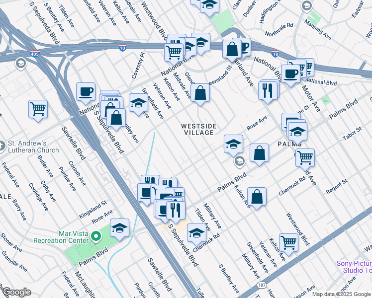 map of restaurants, bars, coffee shops, grocery stores, and more near 3300 Greenfield Avenue in Los Angeles
