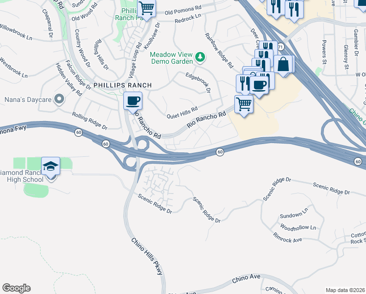 map of restaurants, bars, coffee shops, grocery stores, and more near 76 Willowcrest Lane in Pomona