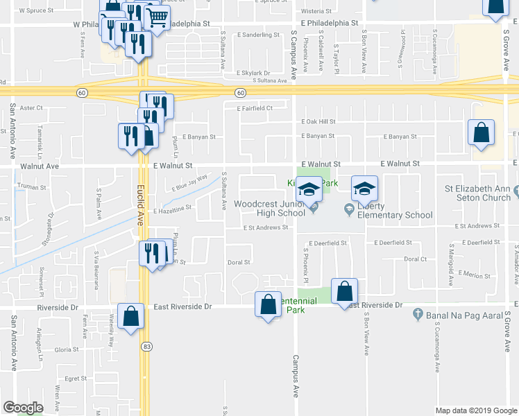 map of restaurants, bars, coffee shops, grocery stores, and more near 2741 South Monterey Place in Ontario