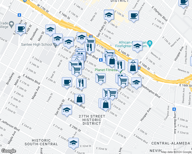 map of restaurants, bars, coffee shops, grocery stores, and more near 946 East 21st Street in Los Angeles