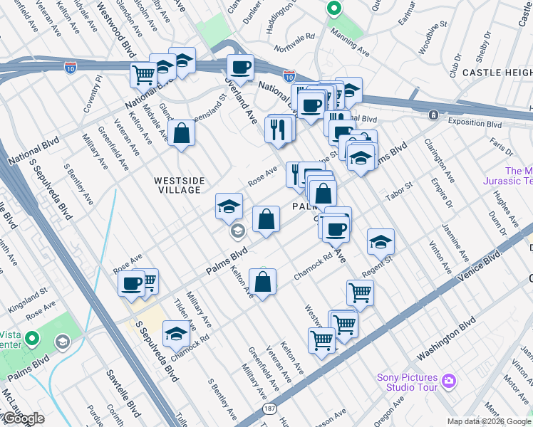 map of restaurants, bars, coffee shops, grocery stores, and more near 3406 Glendon Avenue in Los Angeles