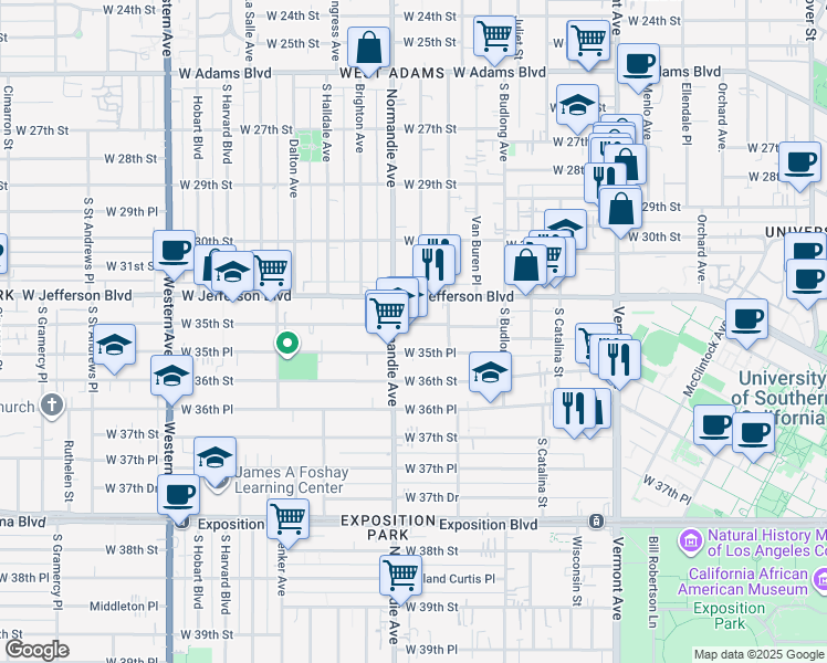 map of restaurants, bars, coffee shops, grocery stores, and more near 1366 West 35th Street in Los Angeles