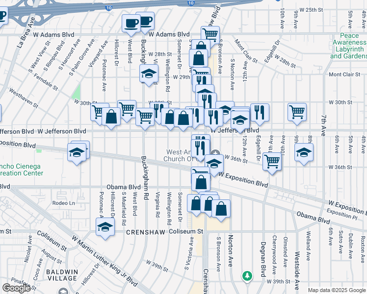 map of restaurants, bars, coffee shops, grocery stores, and more near 3510 Somerset Drive in Los Angeles