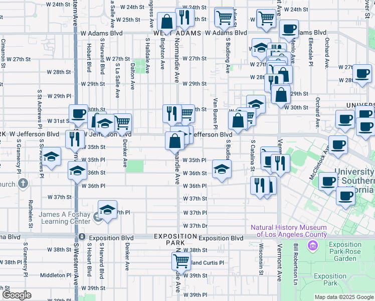 map of restaurants, bars, coffee shops, grocery stores, and more near 1366 West 35th Street in Los Angeles