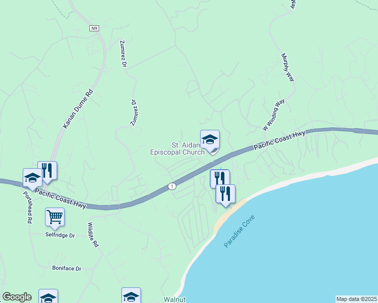 map of restaurants, bars, coffee shops, grocery stores, and more near 28177 Rey De Copas Lane in Malibu