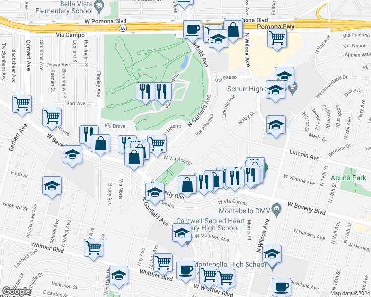 map of restaurants, bars, coffee shops, grocery stores, and more near 608 Via Altamira in Montebello
