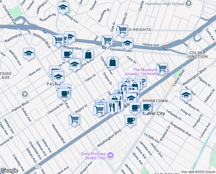 map of restaurants, bars, coffee shops, grocery stores, and more near 3672 Jasmine Avenue in Los Angeles