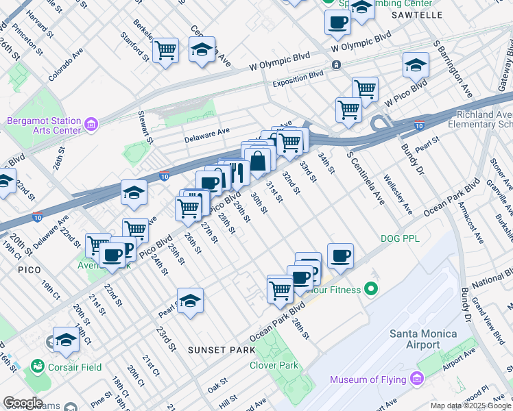 map of restaurants, bars, coffee shops, grocery stores, and more near 2308 30th Street in Santa Monica