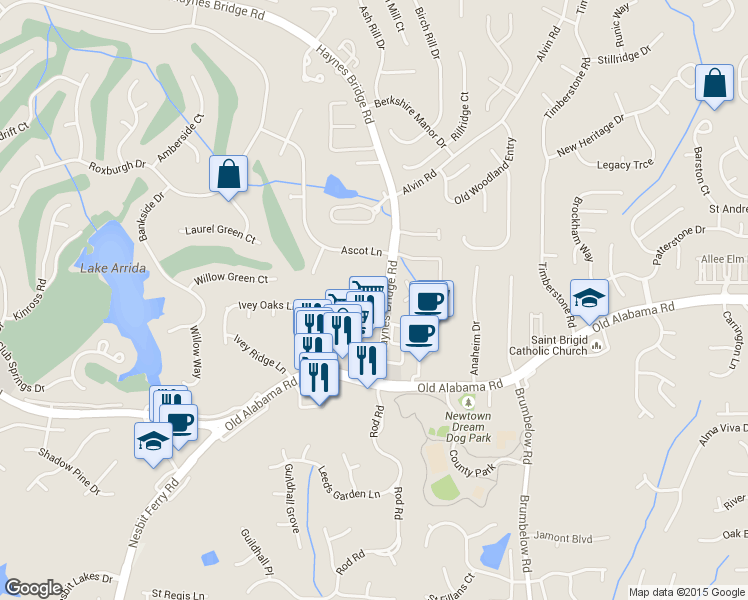 map of restaurants, bars, coffee shops, grocery stores, and more near 103 Magnolia Grove in Alpharetta