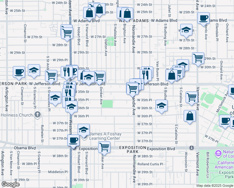 map of restaurants, bars, coffee shops, grocery stores, and more near 1476 West 35th Street in Los Angeles