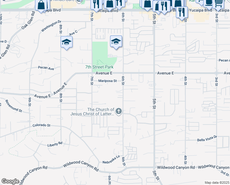 map of restaurants, bars, coffee shops, grocery stores, and more near 12614 6th Street in Yucaipa