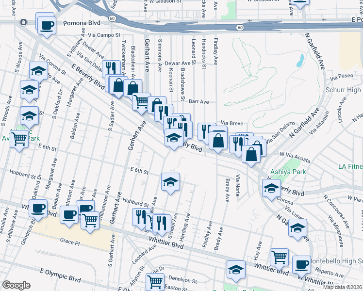 map of restaurants, bars, coffee shops, grocery stores, and more near 3413 West Beverly Boulevard in Montebello