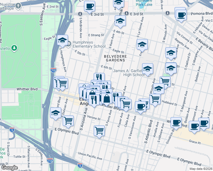 map of restaurants, bars, coffee shops, grocery stores, and more near 673 South Fetterly Avenue in East Los Angeles