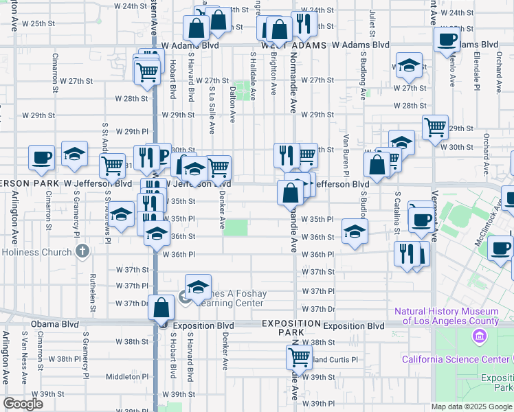 map of restaurants, bars, coffee shops, grocery stores, and more near 1460 West 35th Street in Los Angeles