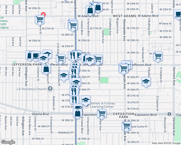map of restaurants, bars, coffee shops, grocery stores, and more near 1614 West 35th Street in Los Angeles