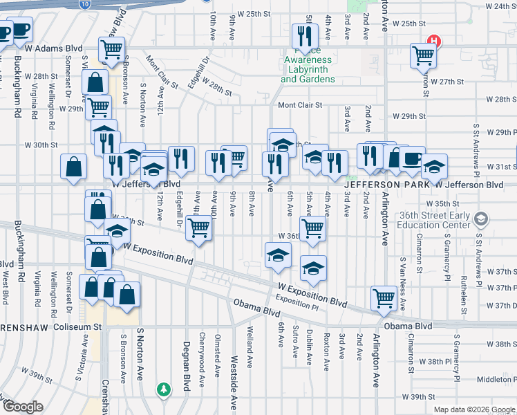 map of restaurants, bars, coffee shops, grocery stores, and more near 3433 1/2 8th Avenue in Los Angeles