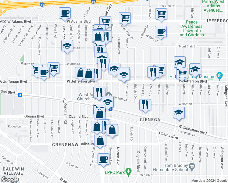 map of restaurants, bars, coffee shops, grocery stores, and more near 3506 South Bronson Avenue in Los Angeles