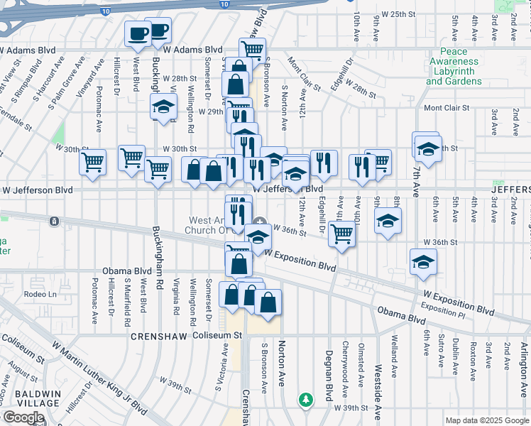 map of restaurants, bars, coffee shops, grocery stores, and more near 3506 South Bronson Avenue in Los Angeles