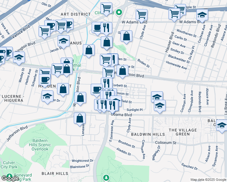 map of restaurants, bars, coffee shops, grocery stores, and more near 5757 1/2 Clemson Street in Los Angeles