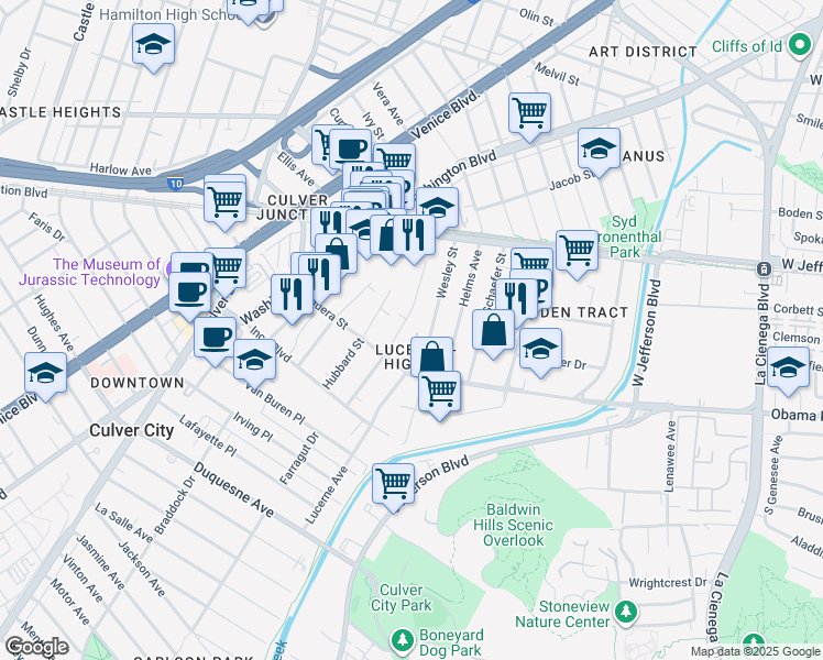 map of restaurants, bars, coffee shops, grocery stores, and more near 8932 Carson Street in Culver City