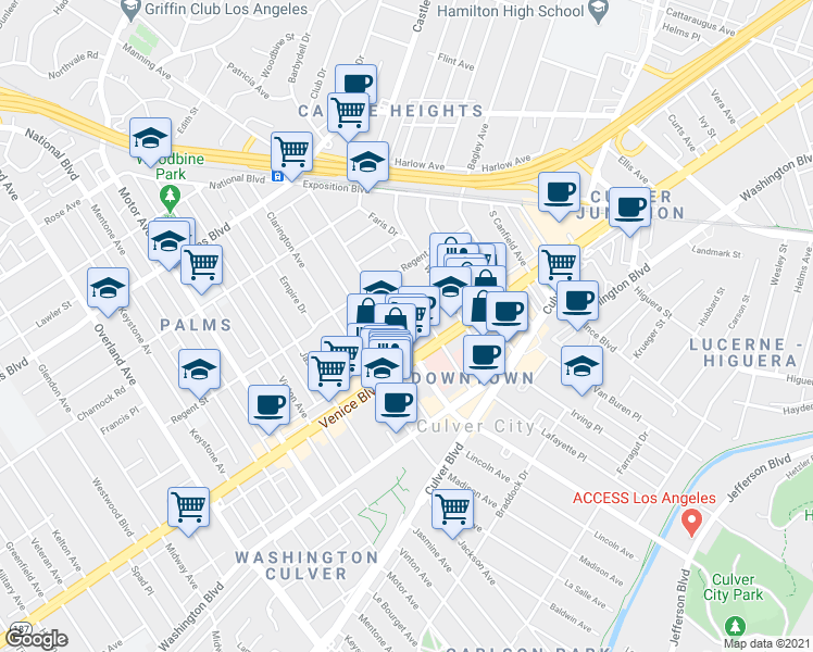 map of restaurants, bars, coffee shops, grocery stores, and more near in Los Angeles