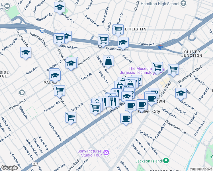 map of restaurants, bars, coffee shops, grocery stores, and more near 10110 Regent Street in Los Angeles