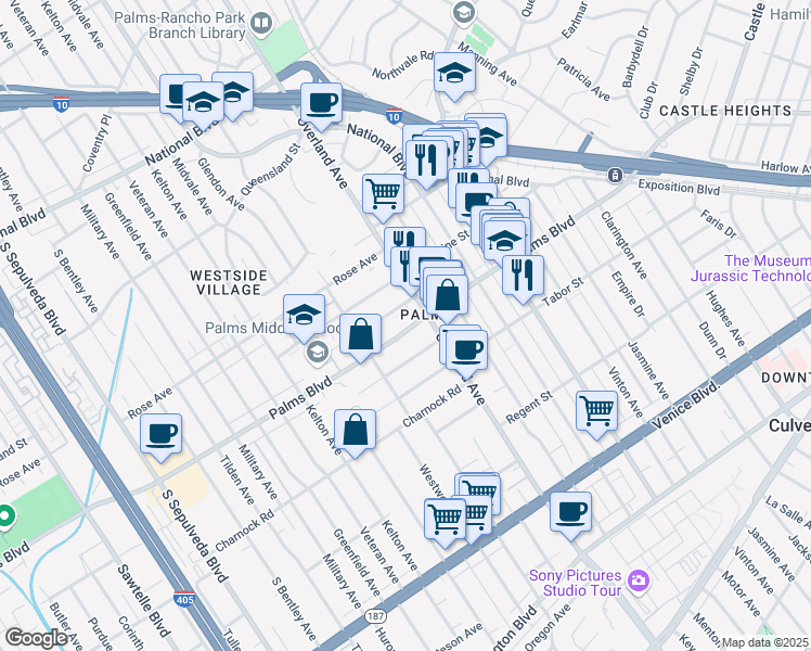 map of restaurants, bars, coffee shops, grocery stores, and more near 10740 Lawler Street in Los Angeles