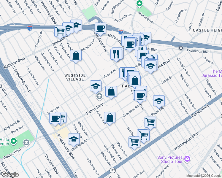 map of restaurants, bars, coffee shops, grocery stores, and more near 3406 Glendon Avenue in Los Angeles