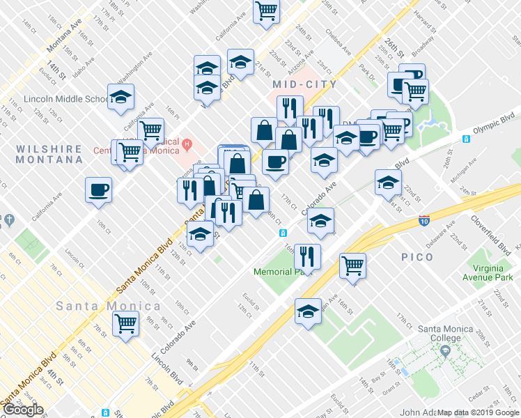 map of restaurants, bars, coffee shops, grocery stores, and more near 227 Broadway in Santa Monica