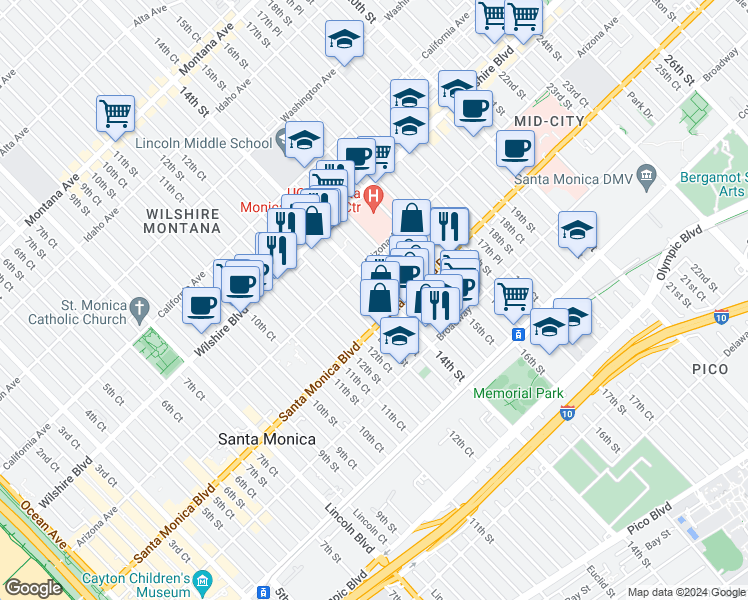 map of restaurants, bars, coffee shops, grocery stores, and more near 1338 14th Street in Santa Monica