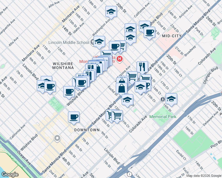 map of restaurants, bars, coffee shops, grocery stores, and more near 1314 Euclid Street in Santa Monica