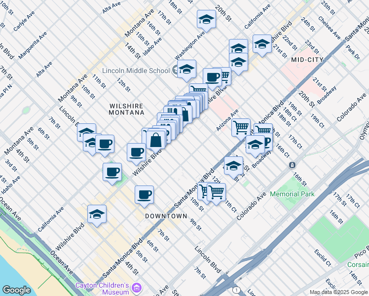 map of restaurants, bars, coffee shops, grocery stores, and more near 1243 12th Street in Santa Monica