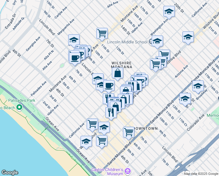 map of restaurants, bars, coffee shops, grocery stores, and more near 1027 Lincoln Boulevard in Santa Monica