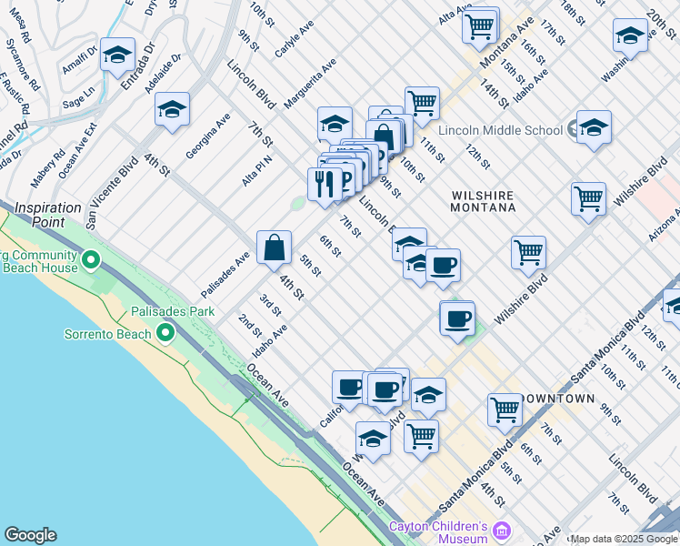 map of restaurants, bars, coffee shops, grocery stores, and more near in Santa Monica