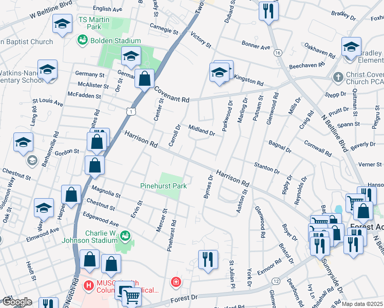 map of restaurants, bars, coffee shops, grocery stores, and more near 2505 Treeside Drive in Columbia