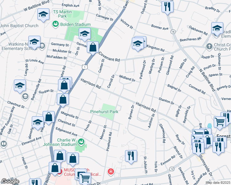 map of restaurants, bars, coffee shops, grocery stores, and more near 9 Pinecrest Court in Columbia