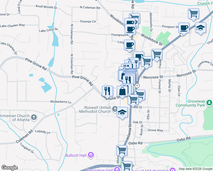 map of restaurants, bars, coffee shops, grocery stores, and more near 7764 Georgetown Chase in Roswell