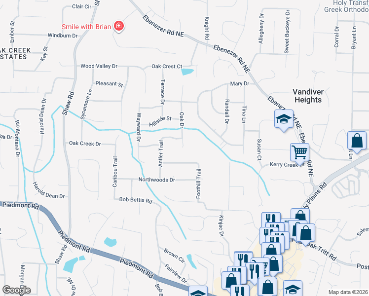 map of restaurants, bars, coffee shops, grocery stores, and more near 3023 Oak Drive in Marietta
