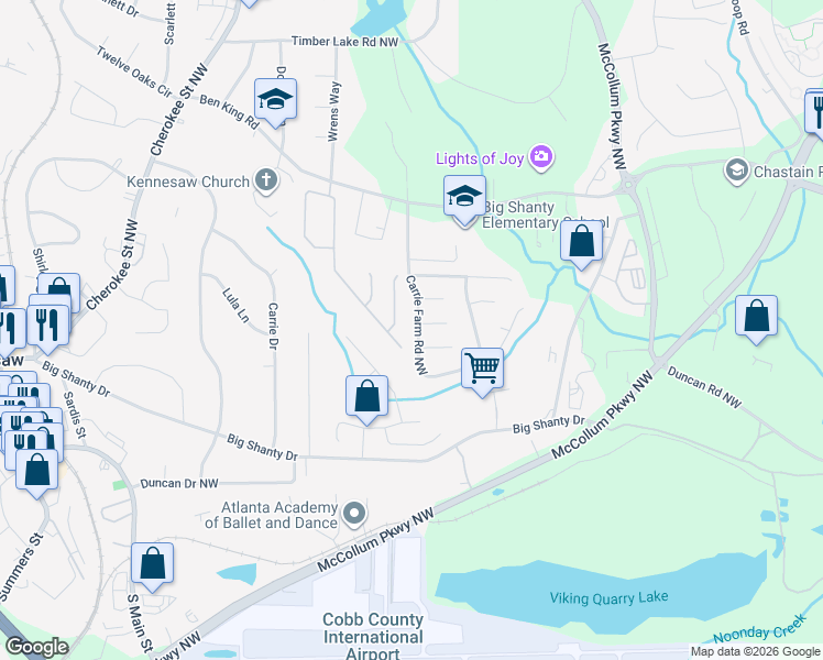 map of restaurants, bars, coffee shops, grocery stores, and more near 2985 Carrie Farm Road in Kennesaw