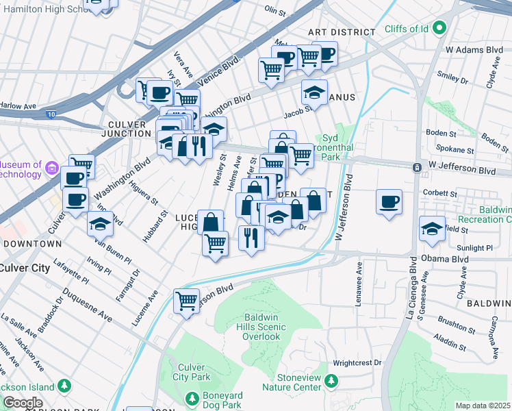 map of restaurants, bars, coffee shops, grocery stores, and more near 3585 Hayden Avenue in Culver City