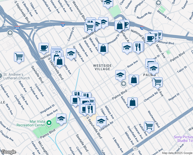 map of restaurants, bars, coffee shops, grocery stores, and more near 3300 Greenfield Avenue in Los Angeles