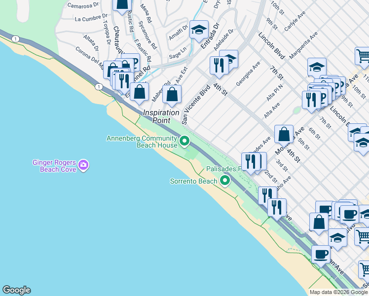 map of restaurants, bars, coffee shops, grocery stores, and more near 415 Pacific Coast Highway in Santa Monica
